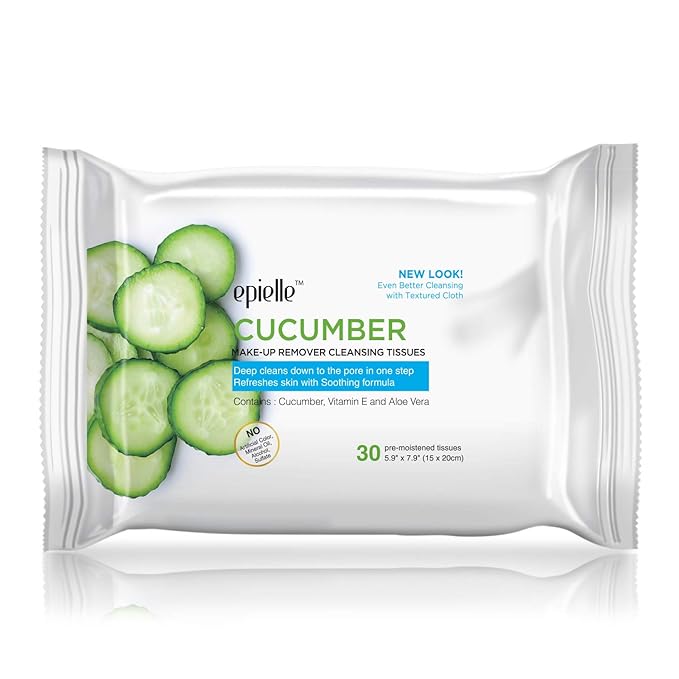Epielle Cucumber Makeup Remover Wipes, Gentle Daily Facial Cleanser Towelettes, Remove Dirt, Oil & Waterproof Mascara, Stocking Stuffers, 30 Count (Pack of 6)