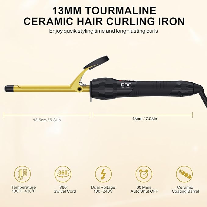 DAN Technology 3/8 Inch Tiny Curling Wand for Tight Spiral Curls, Tourmaline Ceramic Small Barrel Hair Curler with LCD Display (180°F–430°F), Fast Heating, Dual Voltage, Auto Shut-Off, Black & Gold