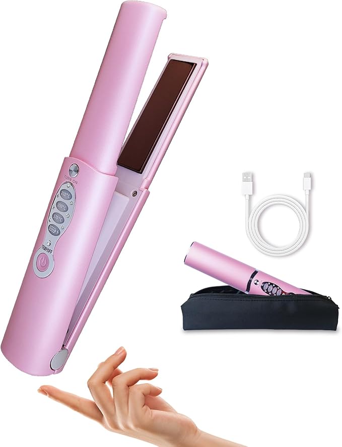 Small Titanium Flat Iron for Short Hair, Mini Cordless Hair Straightener and Curler for Travel, Dual Voltage, Portable, Rechargeable, Fast Heating, 5000mAh Battery, 3 Temp Settings(Shocking Pink)