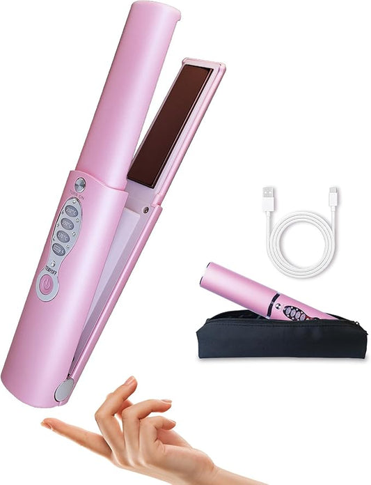 Small Titanium Flat Iron for Short Hair, Mini Cordless Hair Straightener and Curler for Travel, Dual Voltage, Portable, Rechargeable, Fast Heating, 5000mAh Battery, 3 Temp Settings(Shocking Pink)