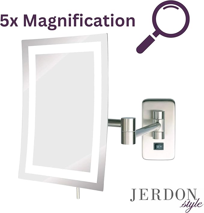 JERDON Rectangular 6.5-Inch x 9-Inch Wall Mount Mirror - Makeup Mirror with 5X Magnification and 15.5-Inch Wall Extension - Nickel Finish - Model JRT710NL