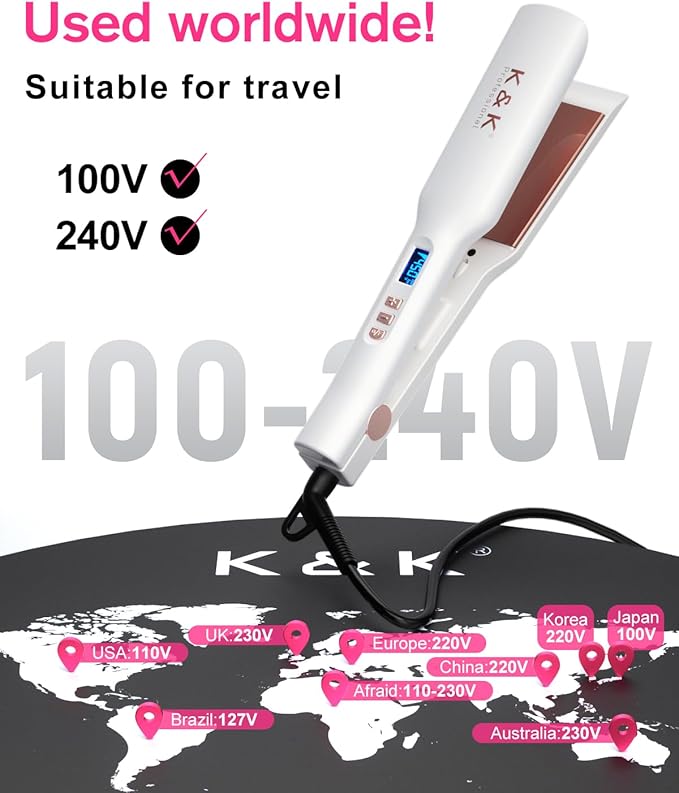 K&K Wide Flat Iron Hair Straighteners, Salon Quality 1.65 Inch Negative Ion Function Flat Irons, Ceramic Tourmaline Coated Plate for Less Frizz, Shinier & Smoother Hair