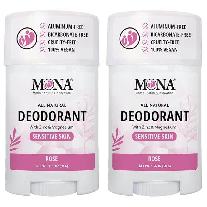 MONA BRANDS All Natural Deodorant For Women & Men | For Sensitive Skin | No Aluminum or Baking Soda | (2-Pack ROSE 1.76 Oz each)