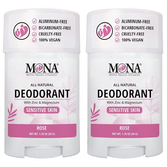 MONA BRANDS All Natural Deodorant For Women & Men | For Sensitive Skin | No Aluminum or Baking Soda | (2-Pack ROSE 1.76 Oz each)