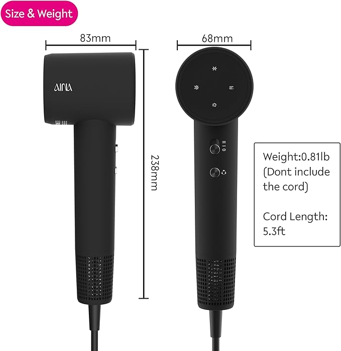 AINA Hair Dryer, Blow Dryer - Brushless Motor, 110,000 RPM Lightweight, Ionic Travel 110V/ALCI Plug(Vader Black)
