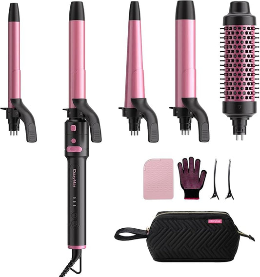 5-in-1 Rotating Curling Iron Set,Automatic Hair Curler with 5 Ceramic Barrels (3/4,1,1.25 Inch) | Fast Heating, Dual Voltage for Long-Lasting Curl Styling/Beach Wave
