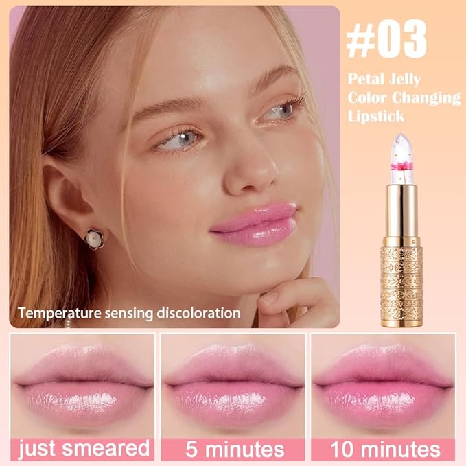 Flower Jelly Lipstick Set Temperature Change Moisturizer Long Lasting Nutritious Balm Magic Color Change Lip Gloss (Rosa multiflora)