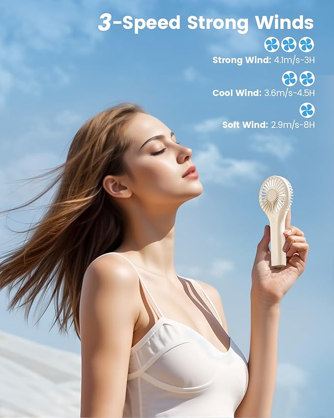 Portable Mini Fan - Powerful Personal Handheld Fan with 3 Speeds, Cute and Small, USB Rechargeable for Travel/Lash/Makeup/Outdoor/Home, Beige