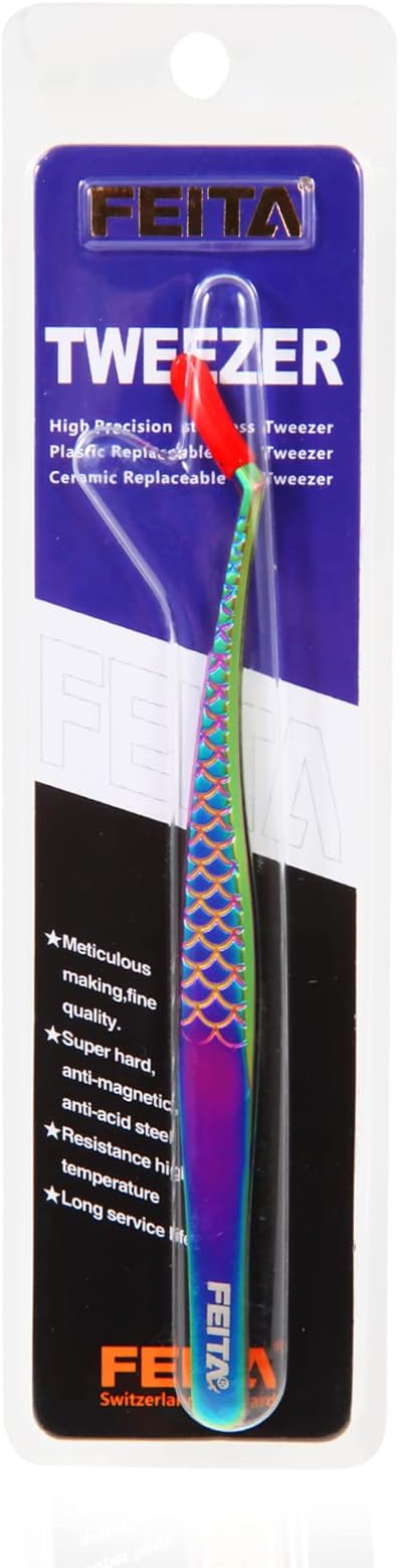 FEITA Diamond Grip Eyelash Extensions Tweezer Lash Precision Tweezers, Japanese Steel Angled Tip, False Lashes Application Tools, Multi-color 1Pc