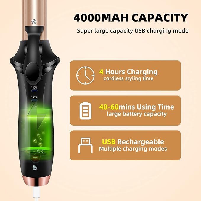 Cordless Curling Iron, Travel Curling Iron USB Rechargeable Ceramic Curling Wand, 302°F-356°F Mini Flat Iron with 3 Temp Setting,Hair Curlers for Short Hair Straightener and Curler 2 in 1