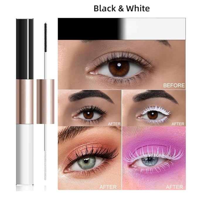 Waterproof Colorful Mascara with Small Brush, 1 Mascara with 2 Colors, Multi-Color, 2 Brush 2 Colors, Smudge-Proof, Long-Lasting, Volume and Lengthening, No Clumping (Black & White)
