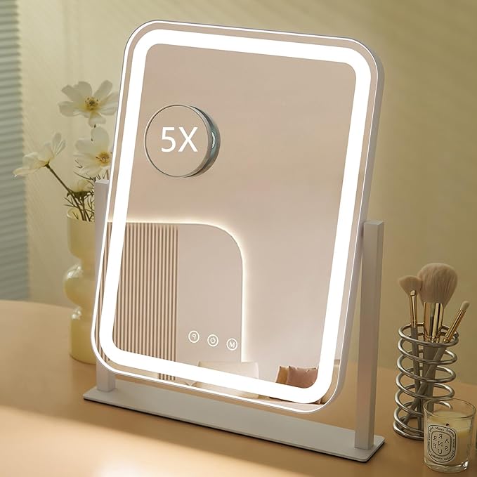 HIEEY Vanity Mirror with Lights, 16.7'' x 13.4'' Makeup Mirror with Lights, Three Color Lighting Modes, and 5X Magnification Mirror, Smart Touch Control, 360°Rotation (White,Gift Box)