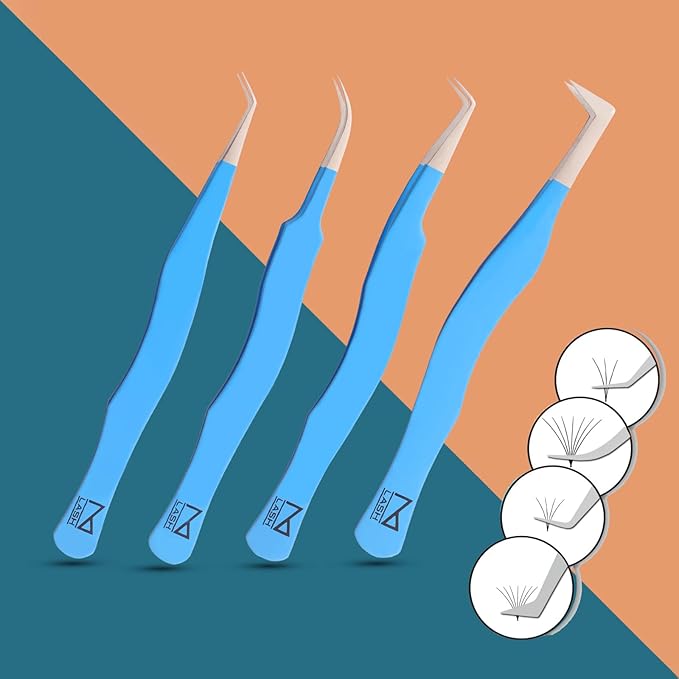 M LASH Eyelash Tweezers for Eyelash Extensions (Set of 4) - Professional Lash Extension Tweezers - Fiber Tip Lash Tweezers, Japanese Steel, Diamond Grip For Flawless Application (Teal)