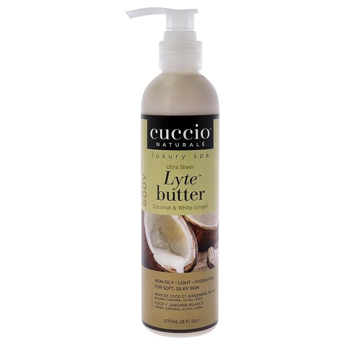 Cuccio Naturale Lyte Ultra-Sheer Body Butter - Replenishing Scented Moisturizer Cream - Deep Hydration To Repair Dry Skin - All Natural, Cruelty-Free Formula - Coconut And White Ginger - 8 Oz