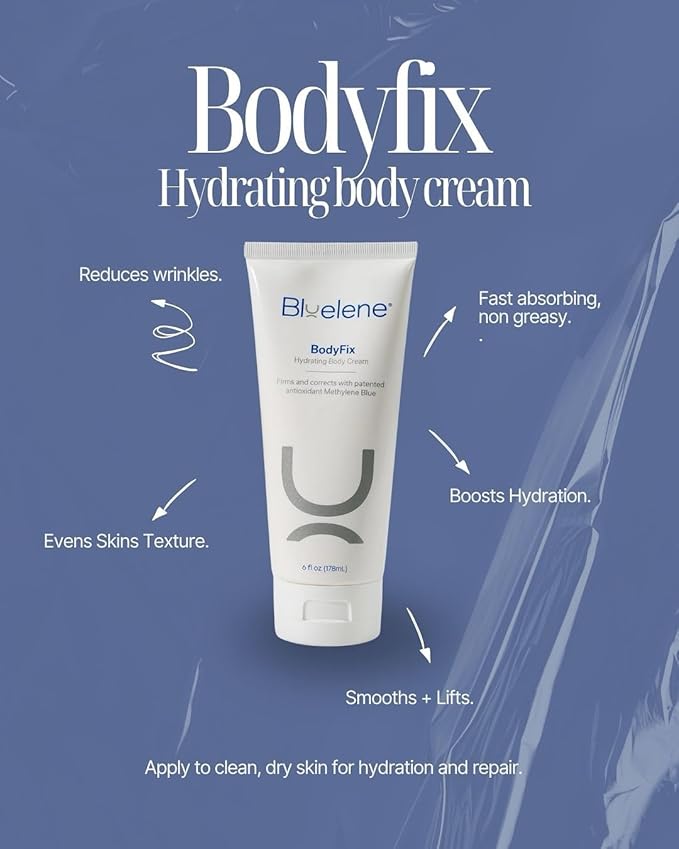 Bluelene BodyFix. Anti-Wrinkle Body Cream with Methylene Blue, Shea Butter, Jojoba Seed, Avocado, and Argania Spinosa Kernel Oil (6oz). Suitable for Sensitive Skin.