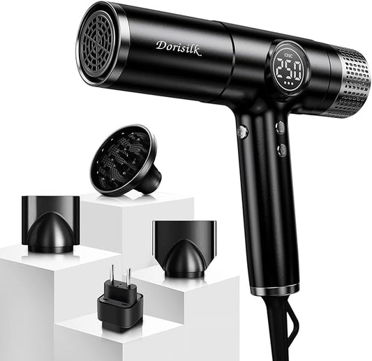 DORISILK Dual Voltage Hair Dryer for International Travel，1875W Professional Hair Dryer 160000 RPM Brushless Motor for Fast Drying Low Noise ，Ionic Blow Dryer with Hair Diffuser for Curly Hair，