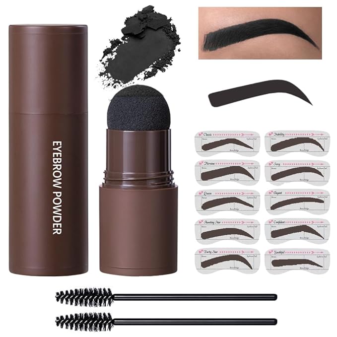 Eyebrow Powder Stamp Stencil Set, Eyebrow Stencils Shaping Kit, Long-Lasting Soft and Natural Eyebrow Powder for Women Girl, Includes Brush&Stencils, (A04#Black, 1 Kit)