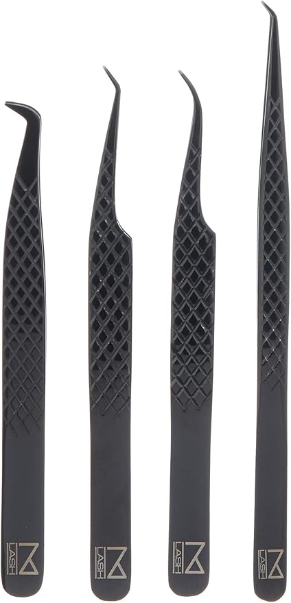 M LASH Tweezers for Eyelash Extensions (Set of 4) - Professional Lash Extension Tweezers - Fiber Tip, Japanese Steel, Diamond Grip Eyelash Extension Tweezer (Black)