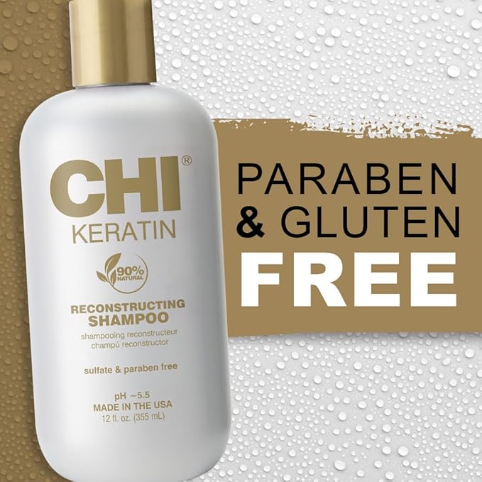 CHI Keratin Reconstructing Shampoo, Delivers Healthier Hair, Adds Shine & Helps Prevent Future Breakage, Sulfate, Paraben, & Cruelty-Free, 12 Oz
