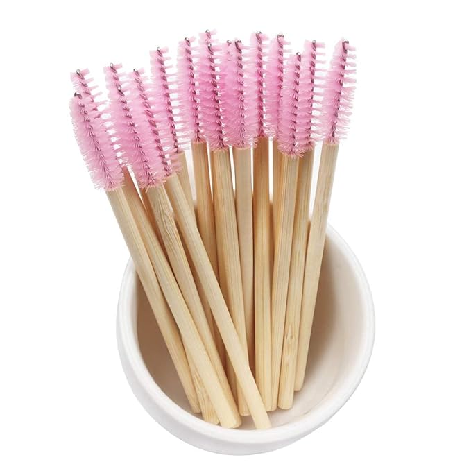 Mekupeu 100 Pcs Disposable Mascara Wands Bamboo Spoolies Brush for Eyelash Extensions Spoolie Eyelash Lash Wand Applicator Makeup Kits, Pink