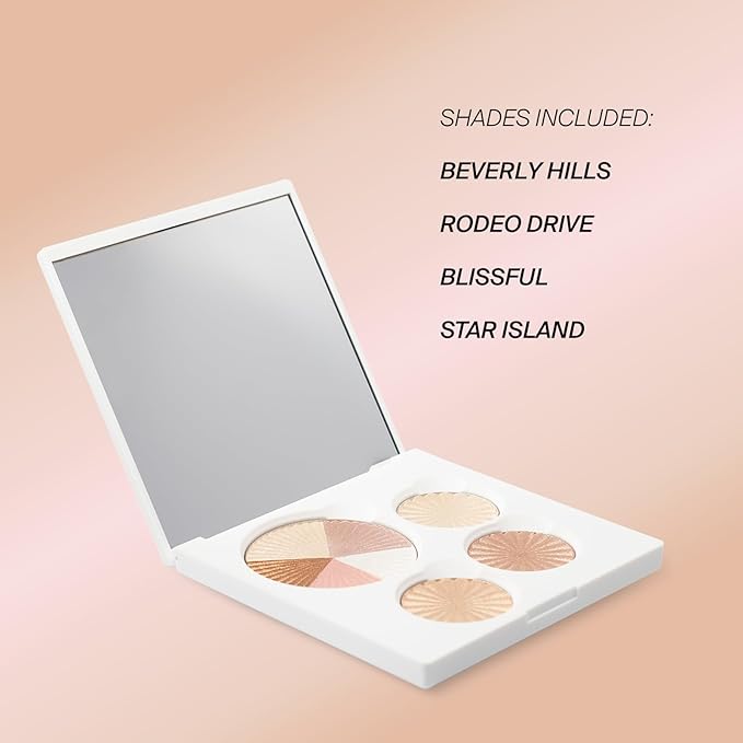 Highlighter Palette Face Makeup | Glow Up - 8 Shades in 4 Pans | Pearl Shimmer Liquid-To-Baked Powder Highlighter | Refillable Pan & Integrated Mirror | Cruelty-Free Beauty Essential |