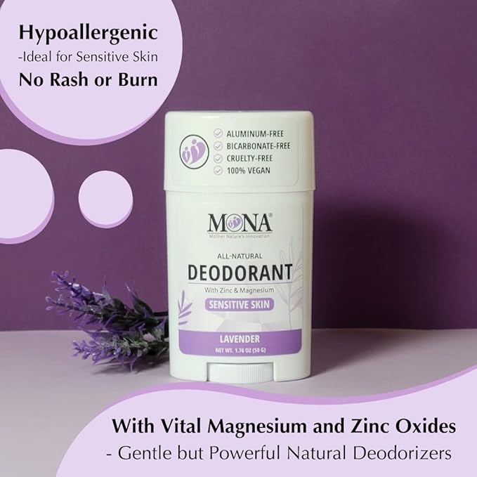 MONA BRANDS All Natural Deodorant For Women & Men | For Sensitive Skin | No Aluminum or Baking Soda | (2-Pack LAVENDER 1.76 Oz each)