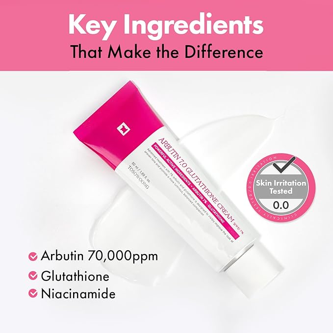 TOSOWOONG Arbutin 7% Glutathione Cream, 70,000ppm Arbutin + 5,001ppm Glutathione, Niacinamide, Dark Spots, Freckle, Blemishes, Pigmentation, Dullness, Uneven Tone, Korean Skin Care, 50ml, 1.69 fl.oz.