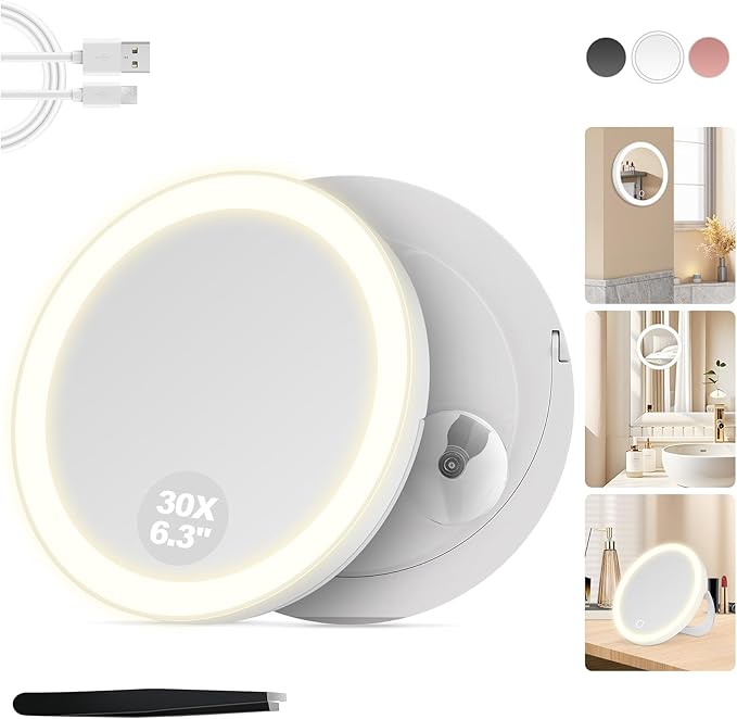 30X Magnifying Mirror Suction Cup, 6" Makeup Mirror with Lights, Rechargeable Travel Mirror with 3 Color Dimmable Lights for Precision Makeup, Fits Bathroom/Wall Suction/Hanging, White