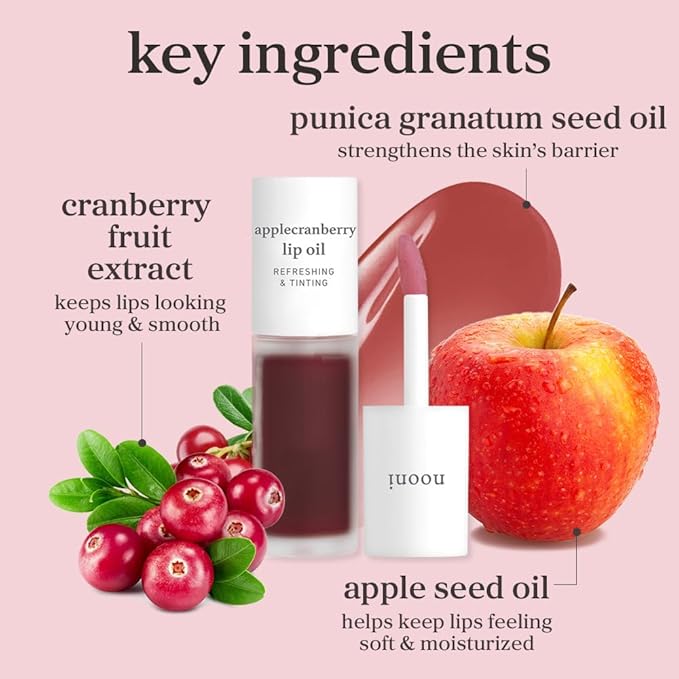 NOONI Korean Lip Oil - Applecranberry | Long-Lasting, Moisturizing, Plumping, Revitalizing for Dry Lips, Waterproof, No Peel Off, Hydrating, Nourishing Crystal Clear, 0.12 FL Oz