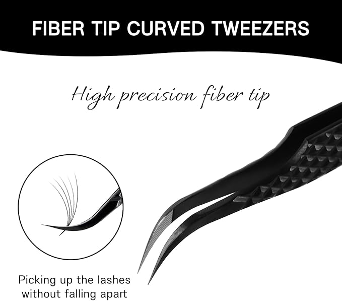 VAVALASH Lash Tweezers for Eyelash Extensions, Fiber Tip Diamond Grip Curved Tweezers for Lash Extension,Professional Precision Black Lash Tweezers for Volume & Classic Lashes (Curved Tweezers)