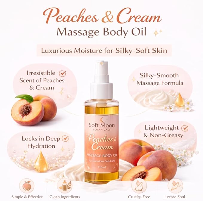 Peaches & Cream Massage Body Oil, Lightweight Moisturizing Oil for Silky Soft Skin, Non-Greasy Fast Absorbing
