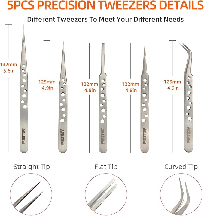 FEITA Precision Tweezer Set - Tweezers for Crafts, Jewelry, Lash Extensions, Electronics & Hobby Tools