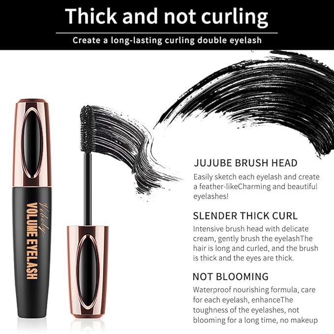 Silk Fiber Lash Mascara Smudge-Proof Extension Voluminous Fiber Mascara Natural & Waterproof Long-Lasting No Flaking/No Clumping (2 Packs)