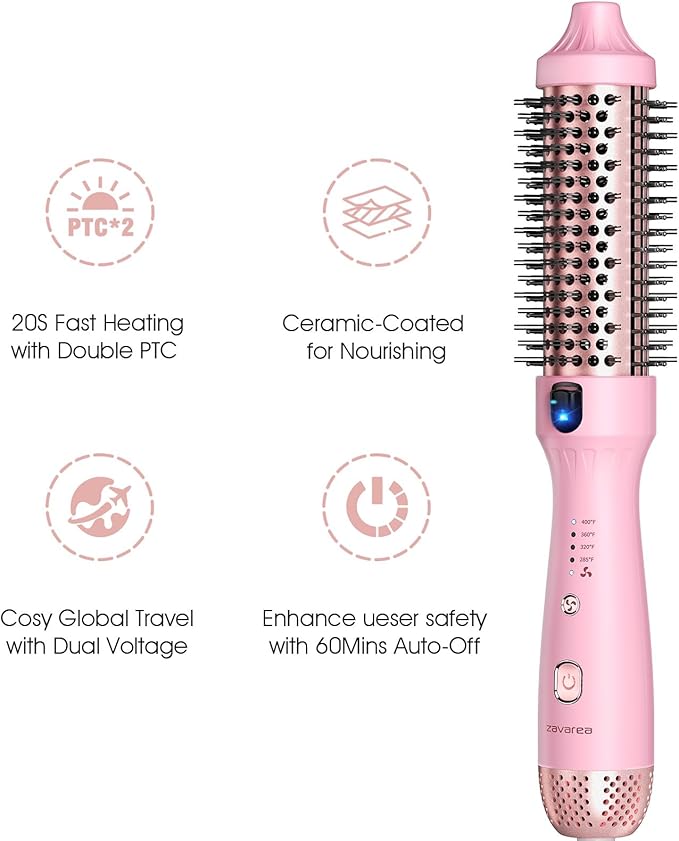 Thermal Brush for Less Damage, 1.5 Inch Heated Round Brush for Blowout Look, Heated Curling Styler with 800M Negative Ions & Ceramic for Volumizing, Easy to Use, Dual Voltage (Youthful Pink)