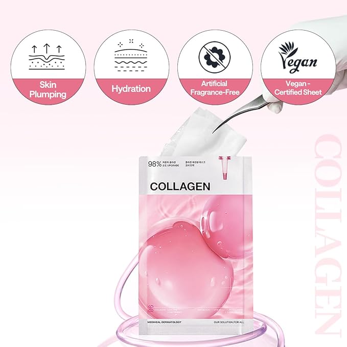 Mediheal Collagen Essential Sheet Mask Core Firming 10 pcs. 98% Vegan Collagen for firming, elasticity, and skin density improvement. Vegan formula.
