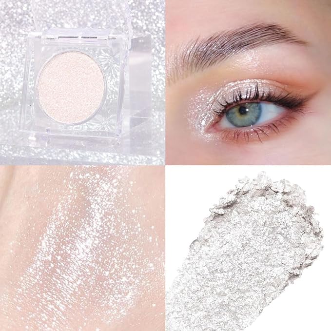 Glitter Shimmer Sparkle Eye Shadow Palette Makeup for Women, Shimmer Silver White Glitter Metallic Holographic Iridescent Cream Iridescent Single Monochrome Eyeshadow Makeup