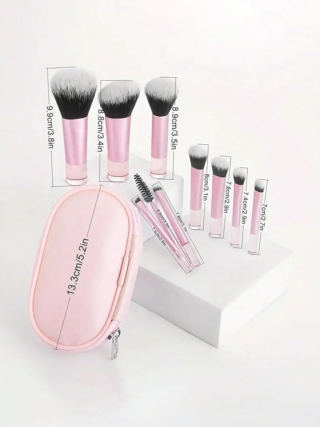 Glamberry Portable Mini Travel Makeup Brushes Set,10pcs Pink Easy-taken Cosmetic Brushes Kit with Brush Pouch, On the Go Cute Short Makeup Brush Small Travel Essentials for Women, Girls