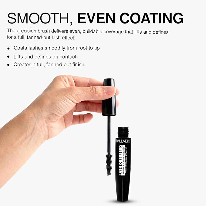 Palladio Lash Obsessed Mascara, Extreme Definition Lengthening Mascara, Amplifies Volume & Fullness, Evenly Coats Lashes, Lucious Length, Natural lengthening, No Smudging, All Day Wear, Black