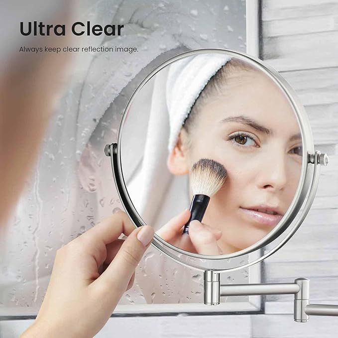 KIBI Circular Wall Mount Makeup Mirror, Dual-Sided 1x/5x Magnifying Mirror with Extendable Arm, 360° Swivel, Solid Brass Construction for Durability and Style (Brushed Nickel, KMM100)