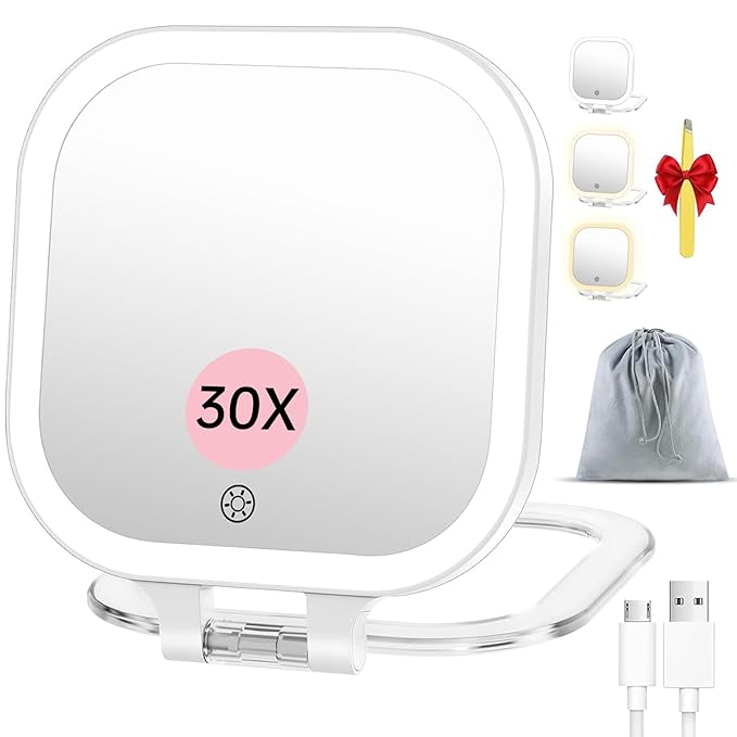FASCINATE Rechargeable Travel Makeup Mirror 30X Magnification, Lighted Portable Vanity Mirror with 3 Colors Lighting & Stepless Dimming, Double Sided LED Mirror, Gift for Women (White+Bag)