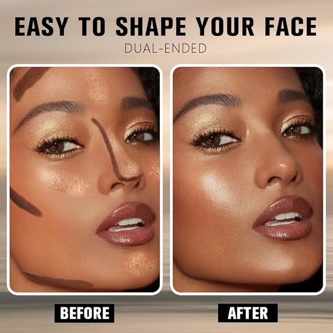 2in1 Black Cocoa+Bronzer Shimmer Cream Contour Highlighter Stick, Dual-Ended Highlighter Makeup Contour Stick, Contour Stick Dual Ended For Face Body Makeup, Long Lasting Waterproof for All Skin Tones