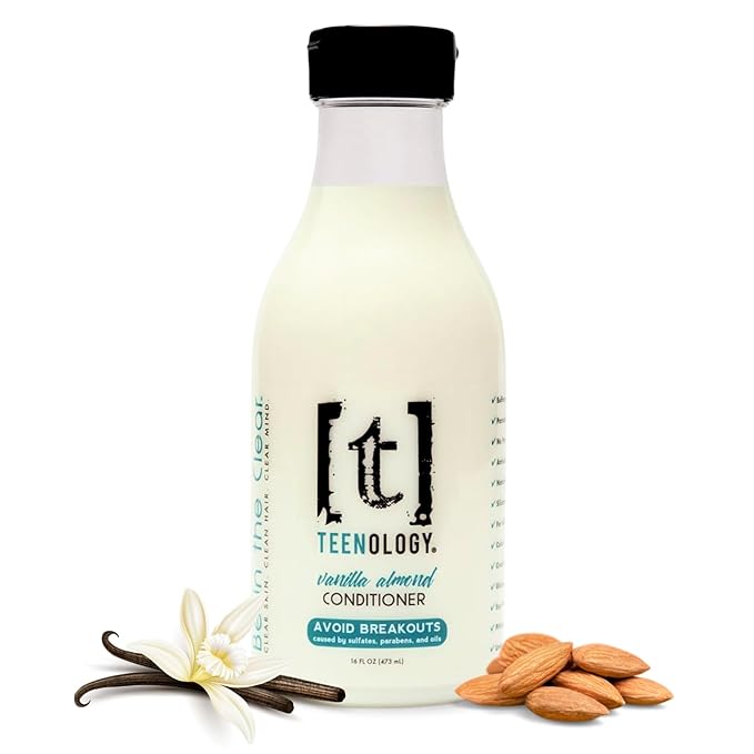 Teenology Conditioner for Teens - Avoid Forehead and Body Acne - Sulfate and Paraben Free, Noncomedogenic, Natural Botanical Extracts, Vanilla Almond - 16 oz.