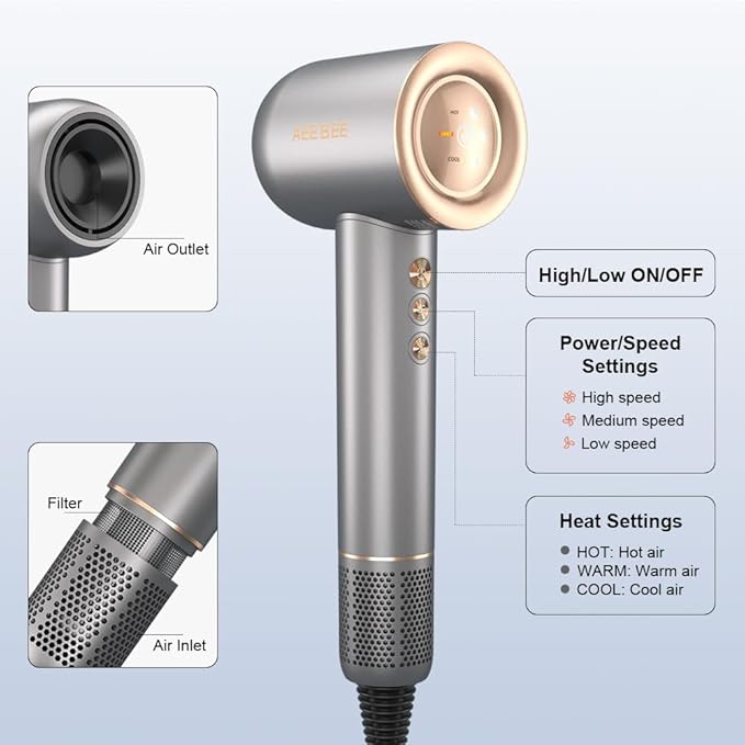 High-Speed Hair Dryer with 110,000 RPM Brushless Motor Low Noise, 1500W Fast Drying Blow Dryer Intelligent Temp Control, Lightweight and Compact for Home/Travel/Salon Plus Magnetic Nozzle, Sliver