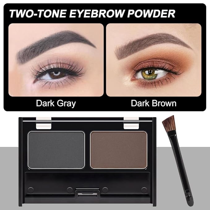 Eyebrow Powder Kit, Long-Lasting Waterproof Two Colors Matte Brow Powder, Eye Brow Powder for Women with Double-ended Eyebrow Brush, Purse-Friendly Compact (A04# Dark Brown+Dark Grey, 1Pcs)