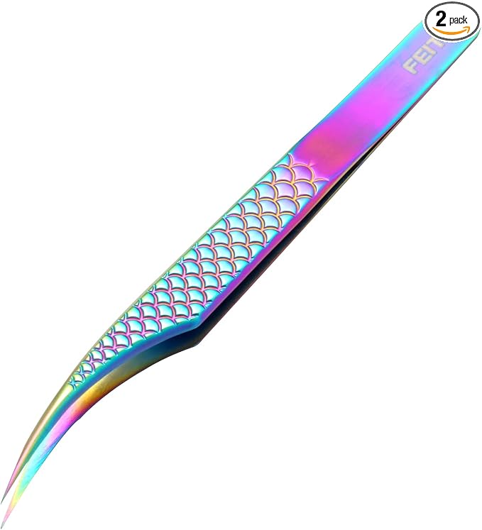 FEITA Diamond Grip Eyelash Extensions Tweezer Lash Precision Tweezers, Japanese Steel Dolphin-shaped Tip, False Lashes Application Tools, Multi-color 1Pc