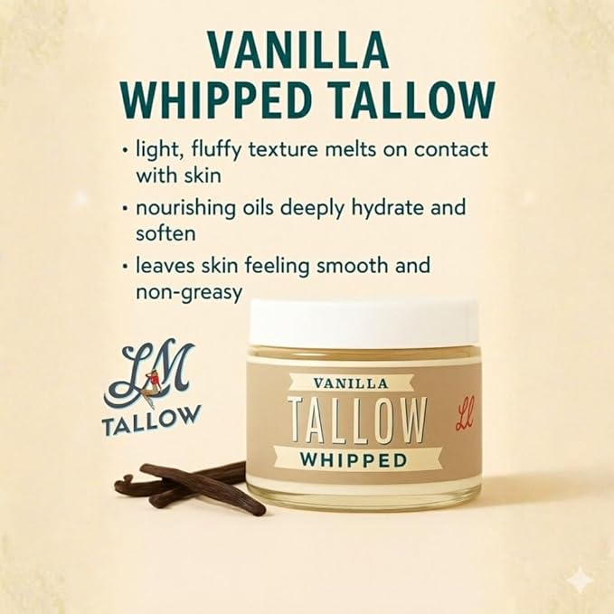 Whipped Tallow 2oz - All Natural Face Cream + Whole Body Moisturizer for Dry Skin - Made With Scented Oil Blend - No Preservatives, Parabens or Seed Oils - USA Made (Vanilla)