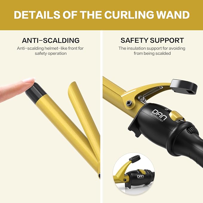 DAN Technology 3/4 Inch Curling Iron Wand for Classic Natural Curls, Tourmaline Ceramic Hair Curler with 180°F–430°F Adjustable Temperature, Fast Heating, Dual Voltage, Auto Shut-Off, Black & Gold