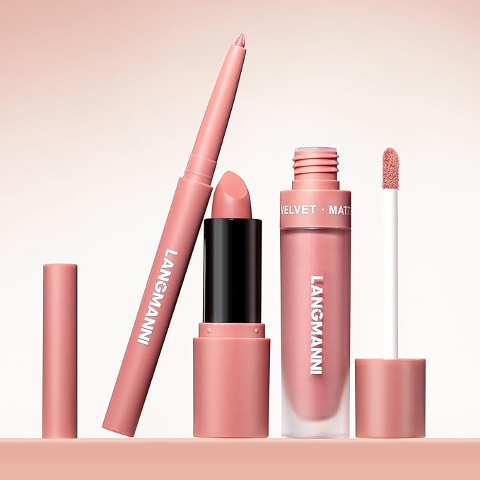 LANGMANNI 3 in 1 Matte Velvet Lipstick Set-Lip Liner,Lip Gloss and Lipstick Combo,Perfect for Natural Lip Contour,Waterproof And Longlasting Effect Lip Makeup,Unique Festival Gift (#02+04+06)