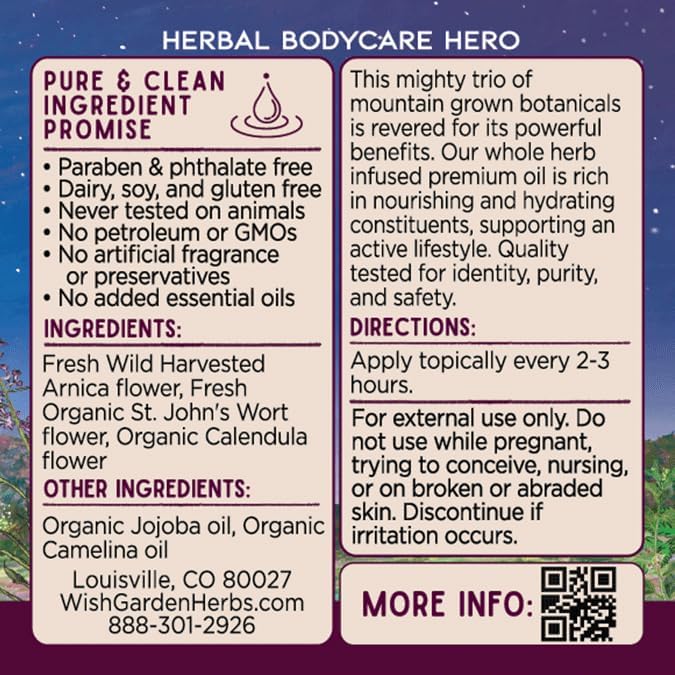 WishGarden Herbs Restorative Oil - Herbal Oil Infusion with Fresh Arnica Flower, Organic St. John's Wort Flower, Calendula Flower, Jojoba & Camelina, Supports Muscles & Skin, 2oz