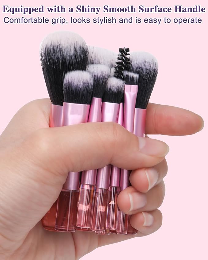 10 Pcs Mini Makeup Brush Travel Size Set With Brush Pouch, Portable Small Full Complete Function Cosmetic Brushes Kit for Women and Girls On the Go (Pink)
